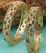 Statement Gold Plated Floral Design Multicolor Stone Studded Bangle Set of 2 Bangles for Girls and Women.