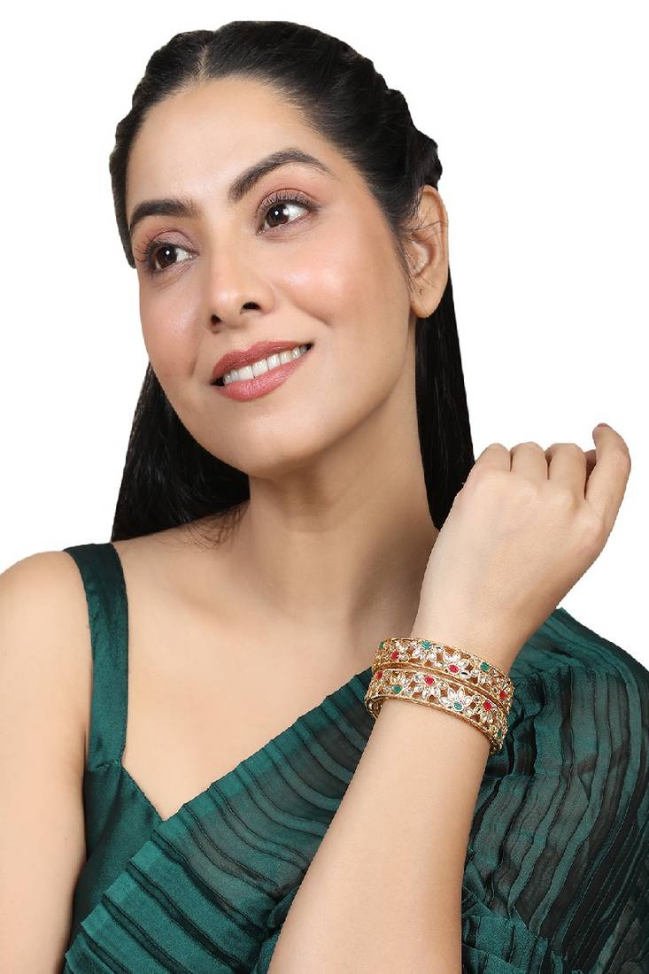 Statement Gold Plated Floral Design Multicolor Stone Studded Bangle Set of 2 Bangles for Girls and Women.