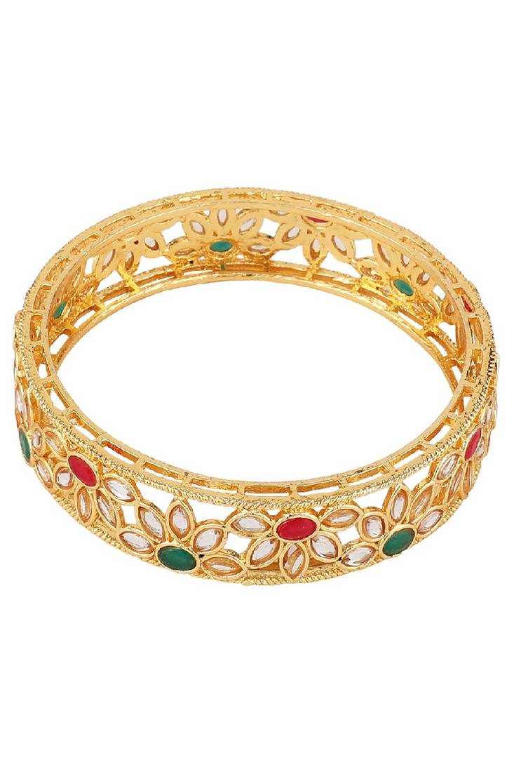 Statement Gold Plated Floral Design Multicolor Stone Studded Bangle Set of 2 Bangles for Girls and Women.