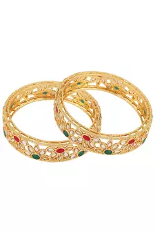 Statement Gold Plated Floral Design Multicolor Stone Studded Bangle Set of 2 Bangles for Girls and Women.