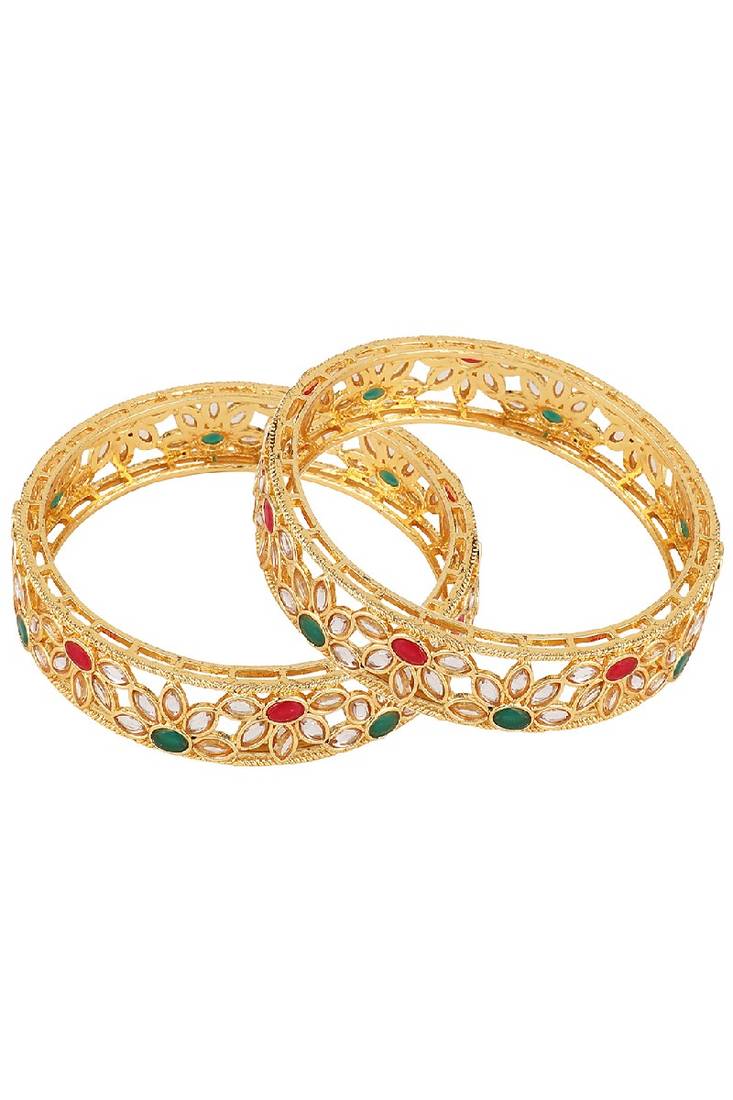 Statement Gold Plated Floral Design Multicolor Stone Studded Bangle Set of 2 Bangles for Girls and Women.