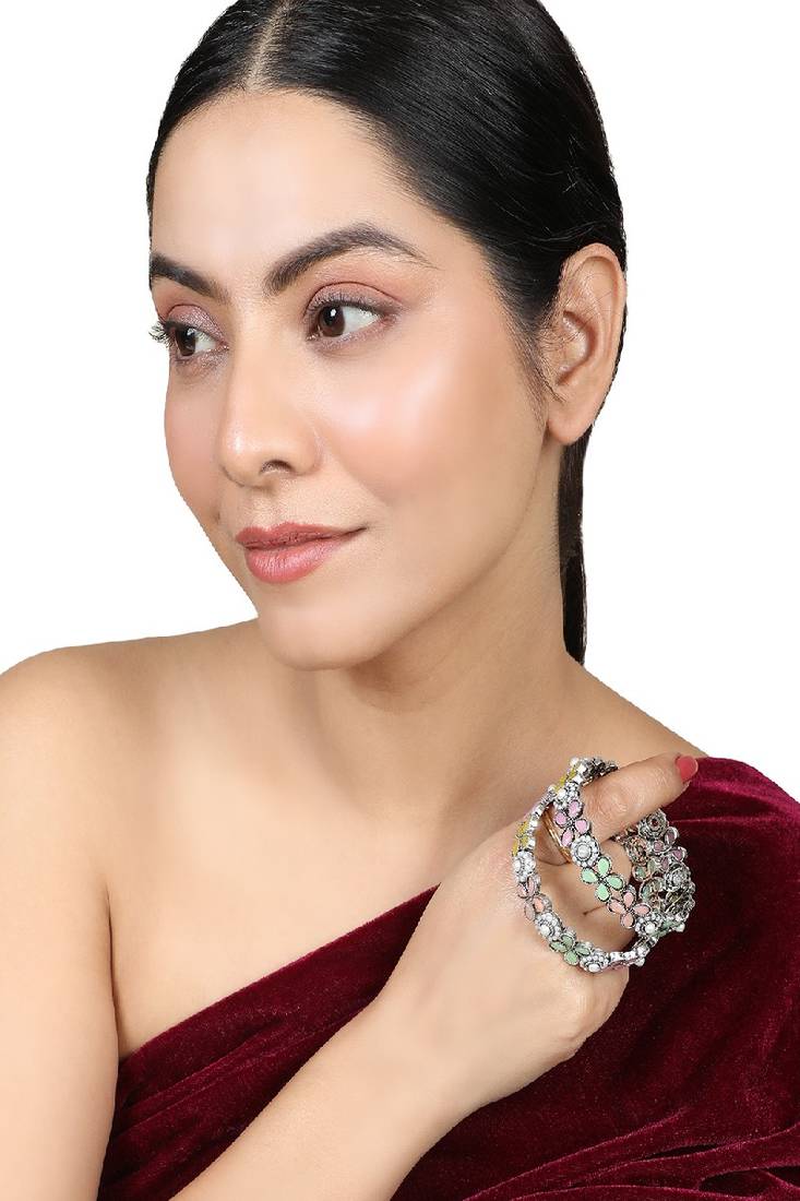 Ethnic Oxidised Leaf Design Multicolor Sttone Studded Bangle Set of 2 Bangles for Girls and Women.