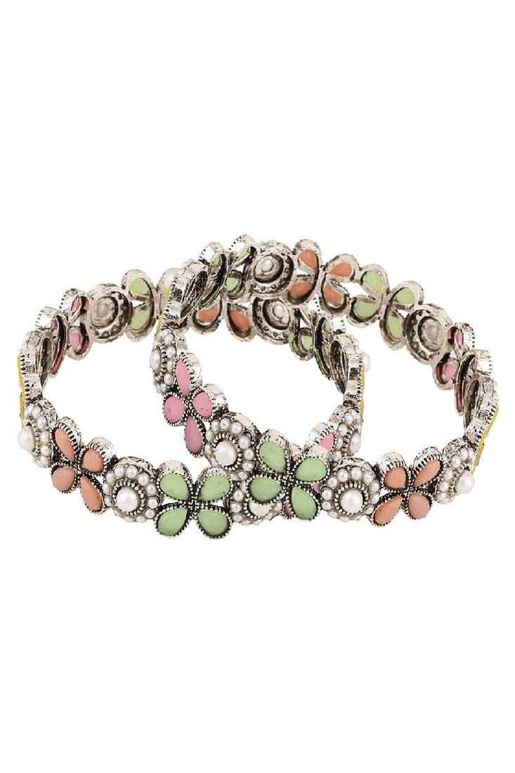 Ethnic Oxidised Leaf Design Multicolor Sttone Studded Bangle Set of 2 Bangles for Girls and Women.