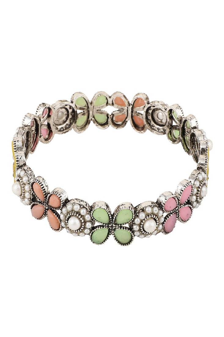 Ethnic Oxidised Leaf Design Multicolor Sttone Studded Bangle Set of 2 Bangles for Girls and Women.