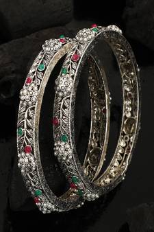 Statement Silver Plated Floral Shaped Multicolor Stone Studded Bangle Set of 2 Bangles for Girls and Women.