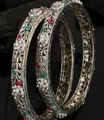 Statement Silver Plated Floral Shaped Multicolor Stone Studded Bangle Set of 2 Bangles for Girls and Women.
