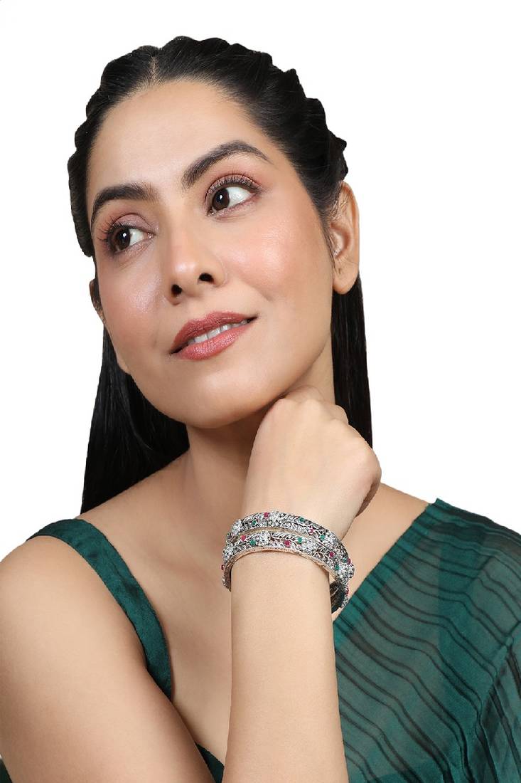 Statement Silver Plated Floral Shaped Multicolor Stone Studded Bangle Set of 2 Bangles for Girls and Women.