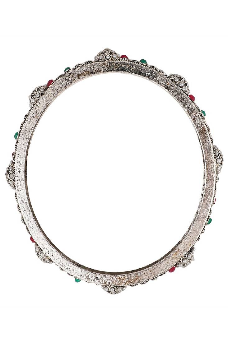 Statement Silver Plated Floral Shaped Multicolor Stone Studded Bangle Set of 2 Bangles for Girls and Women.