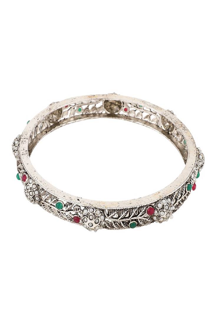 Statement Silver Plated Floral Shaped Multicolor Stone Studded Bangle Set of 2 Bangles for Girls and Women.