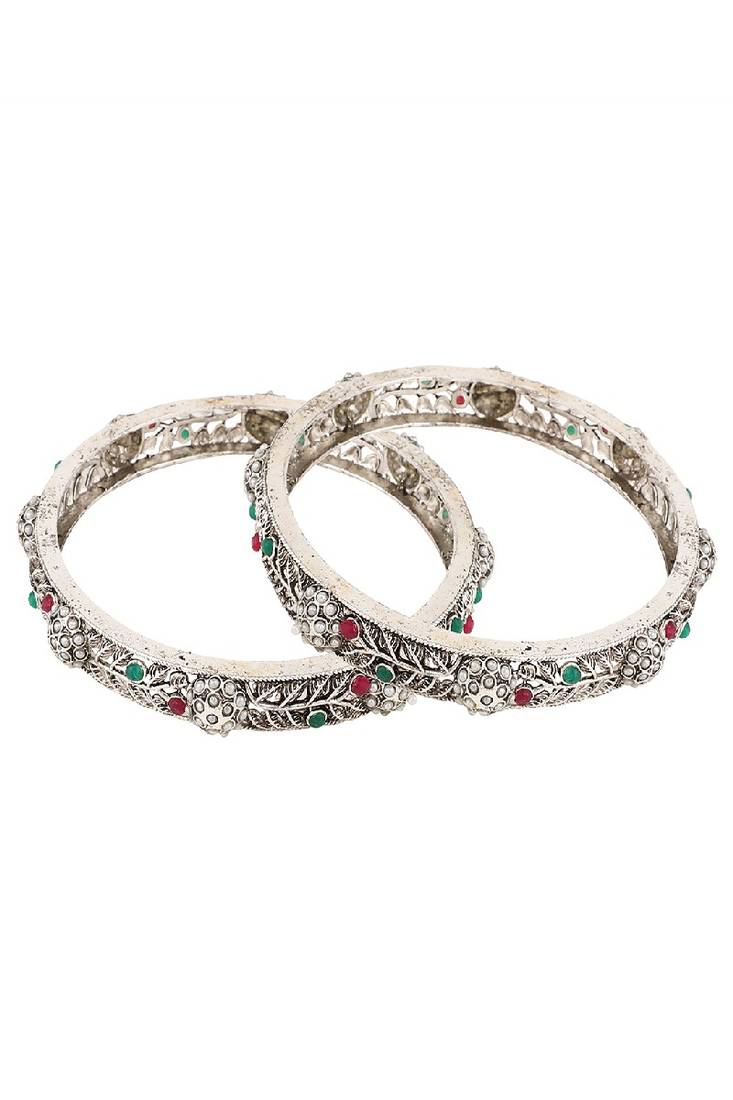 Statement Silver Plated Floral Shaped Multicolor Stone Studded Bangle Set of 2 Bangles for Girls and Women.