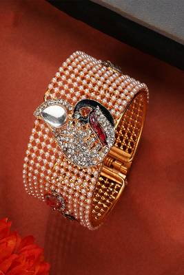 Contemporary Gold Plated Broad Shaped Pearl and Multicolor Stone Studded Broad Bracelet Set of 2 Bracelet 1
