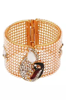 Contemporary Gold Plated Broad Shaped Pearl and Multicolor Stone Studded Broad Bracelet Set of 2 Bracelet