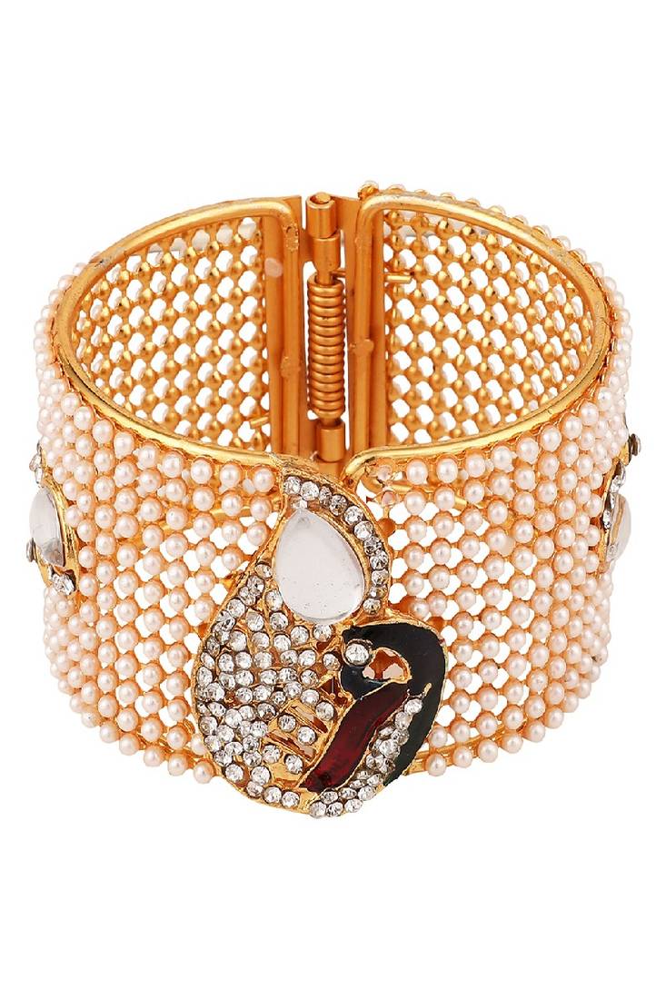 Contemporary Gold Plated Broad Shaped Pearl and Multicolor Stone Studded Broad Bracelet Set of 2 Bracelet