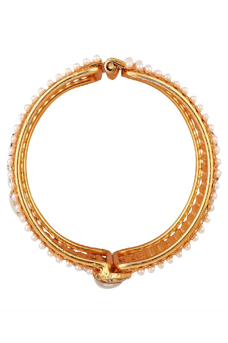 Contemporary Gold Plated Broad Shaped Pearl and Multicolor Stone Studded Broad Bracelet Set of 2 Bracelet