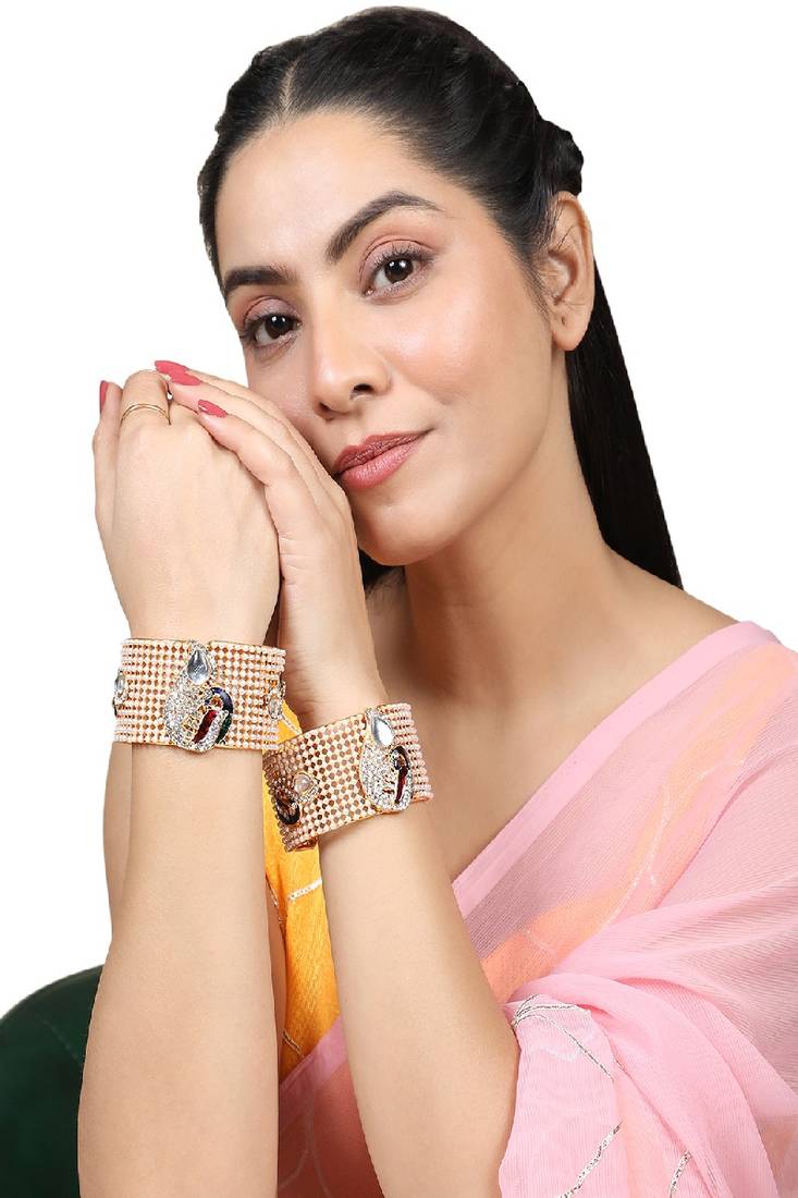 Contemporary Gold Plated Broad Shaped Pearl and Multicolor Stone Studded Broad Bracelet Set of 2 Bracelet