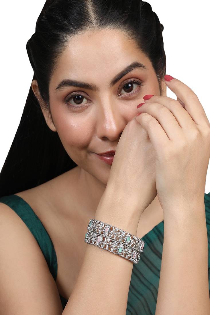 Contemporary Gold Plated Broad Shaped Pearl and Multicolor Stone Studded Broad Bracelet Set of 2 Bracelet