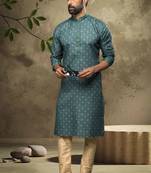 Green embroidered silk kurta-pajama