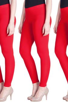 Red Cotton Plain Ankle Length Leggings