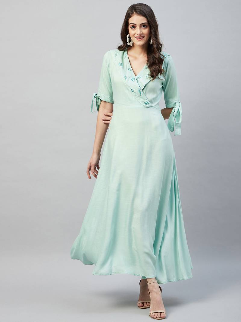 Green printed viscose rayon long-dresses