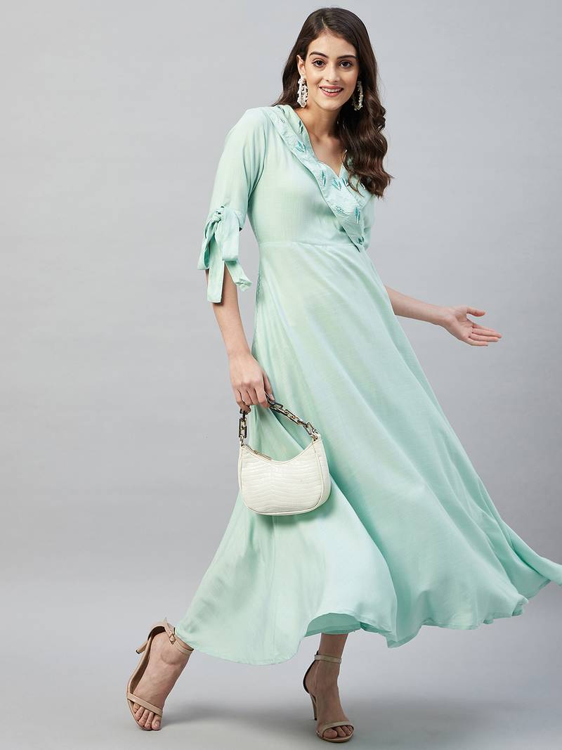 Green printed viscose rayon long-dresses