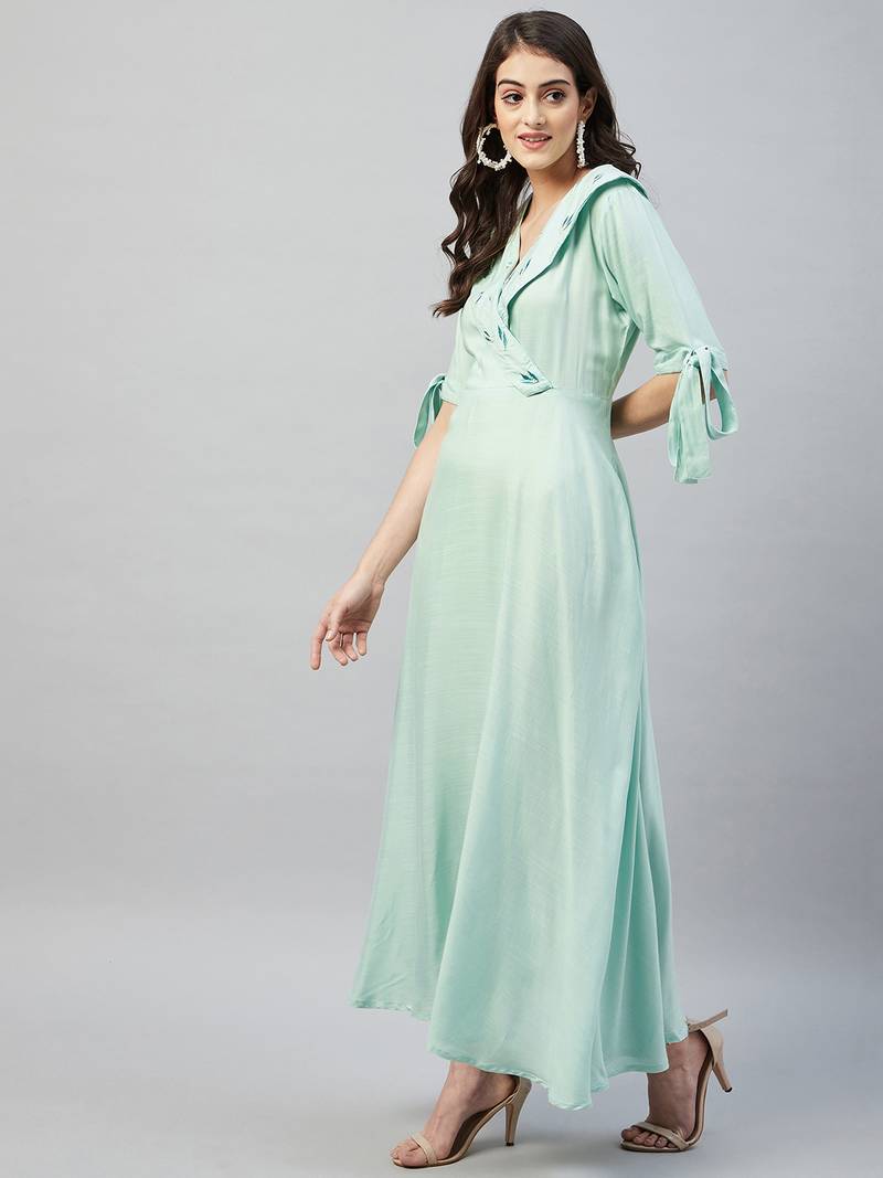 Green printed viscose rayon long-dresses