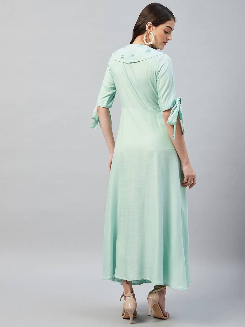 Green printed viscose rayon long-dresses