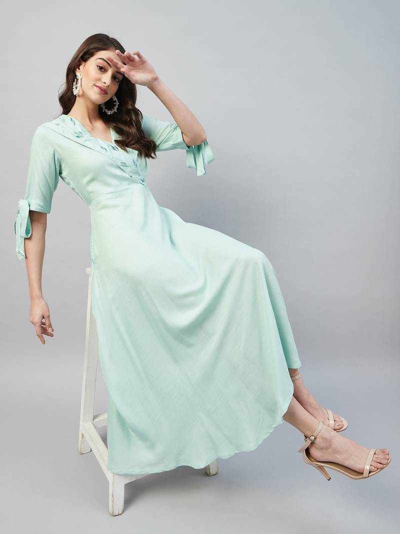 Green printed viscose rayon long-dresses