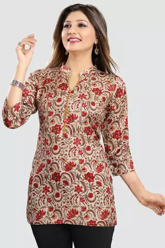 Beige Art Silk Printed Short Kurti Stitched