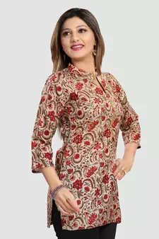 Beige Art Silk Printed Short Kurti Stitched