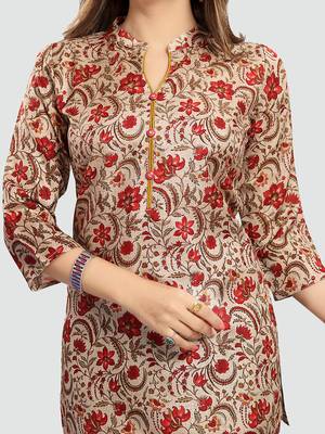 Beige Art Silk Printed Short Kurti Stitched 5