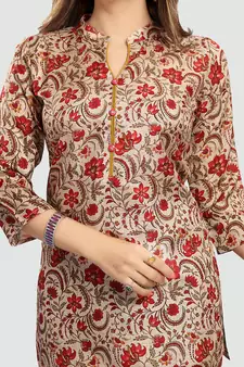 Beige Art Silk Printed Short Kurti Stitched