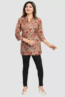 Beige Art Silk Printed Short Kurti Stitched