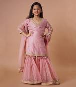 Chanderi/Woven/Polka/Short Kurta/Dori Embd/Organza Embd Sharara & Dupatta/Old Rose