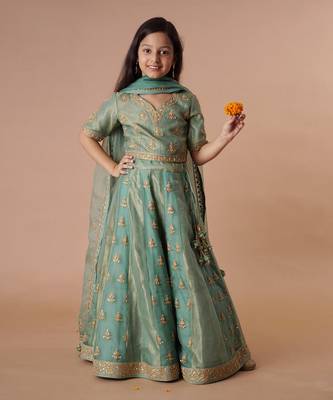 Chanderi/Woven/Dhari Tissue/Dori + Hand Embd/Embd Dupatta/Moss Green 1