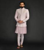 Powder Pink Silk Mirror Textured  Bandhgala With Plain Kurta And Slim Pants.