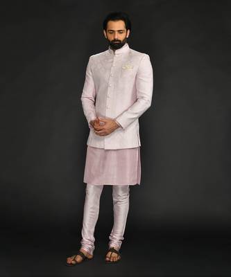 Powder Pink Silk Mirror Textured  Bandhgala With Plain Kurta And Slim Pants. 3
