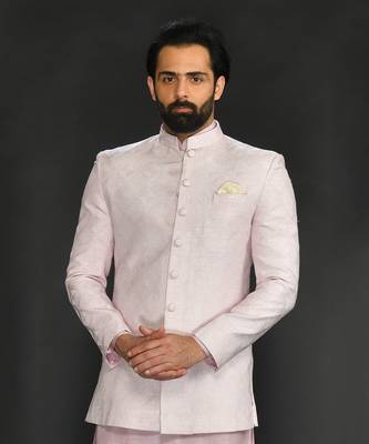 Powder Pink Silk Mirror Textured  Bandhgala With Plain Kurta And Slim Pants. 4