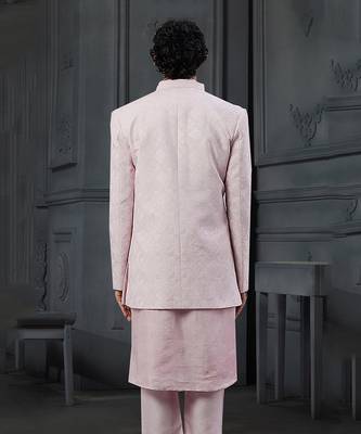 Powder Pink Silk Mirror Textured Front Open Bandhgala With Plain Kurta And Slim Pants. 2