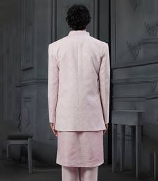 Powder Pink Silk Mirror Textured Front Open Bandhgala With Plain Kurta And Slim Pants.