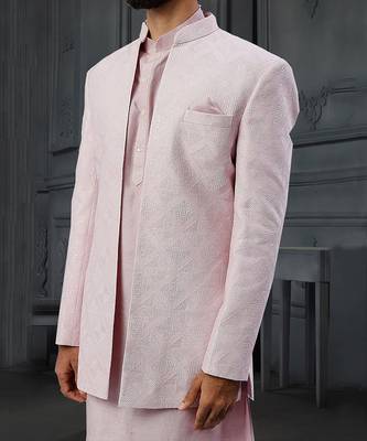 Powder Pink Silk Mirror Textured Front Open Bandhgala With Plain Kurta And Slim Pants. 3
