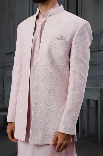 Powder Pink Silk Mirror Textured Front Open Bandhgala With Plain Kurta And Slim Pants.