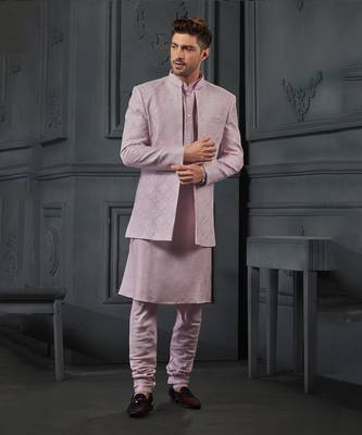 Powder Pink Silk Mirror Textured Front Open Bandhgala With Plain Kurta And Slim Pants. 1