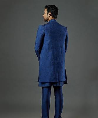 Blue Front Open Indowestern With Plain Kurta And Slim Pants. 2