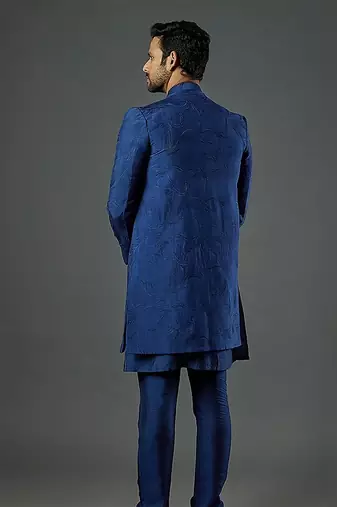 Blue Front Open Indowestern With Plain Kurta And Slim Pants.