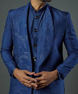 Blue Front Open Indowestern With Plain Kurta And Slim Pants. 3