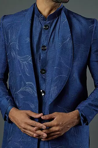 Blue Front Open Indowestern With Plain Kurta And Slim Pants.