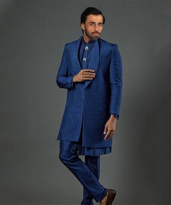 Blue Front Open Indowestern With Plain Kurta And Slim Pants. 1