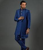 Blue Front Open Indowestern With Plain Kurta And Slim Pants.