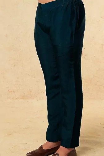 Teal Silk Mirror Textured Front Open Bandhgala With Plain Kurta And Slim Pants.