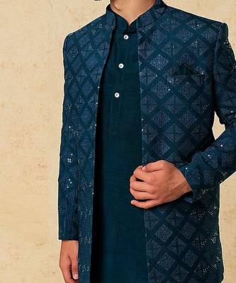 Teal Silk Mirror Textured Front Open Bandhgala With Plain Kurta And Slim Pants. 3